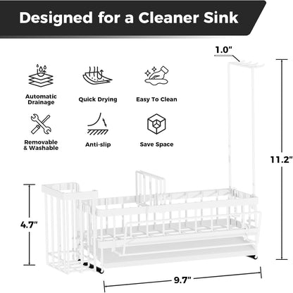 Sponge Holder for Kitchen Sink – Rustproof Stainless Steel with Detachable Drainboard, Brush Rack & Towel Bar | Compact, Non-Slip Design for Countertop Bathroom