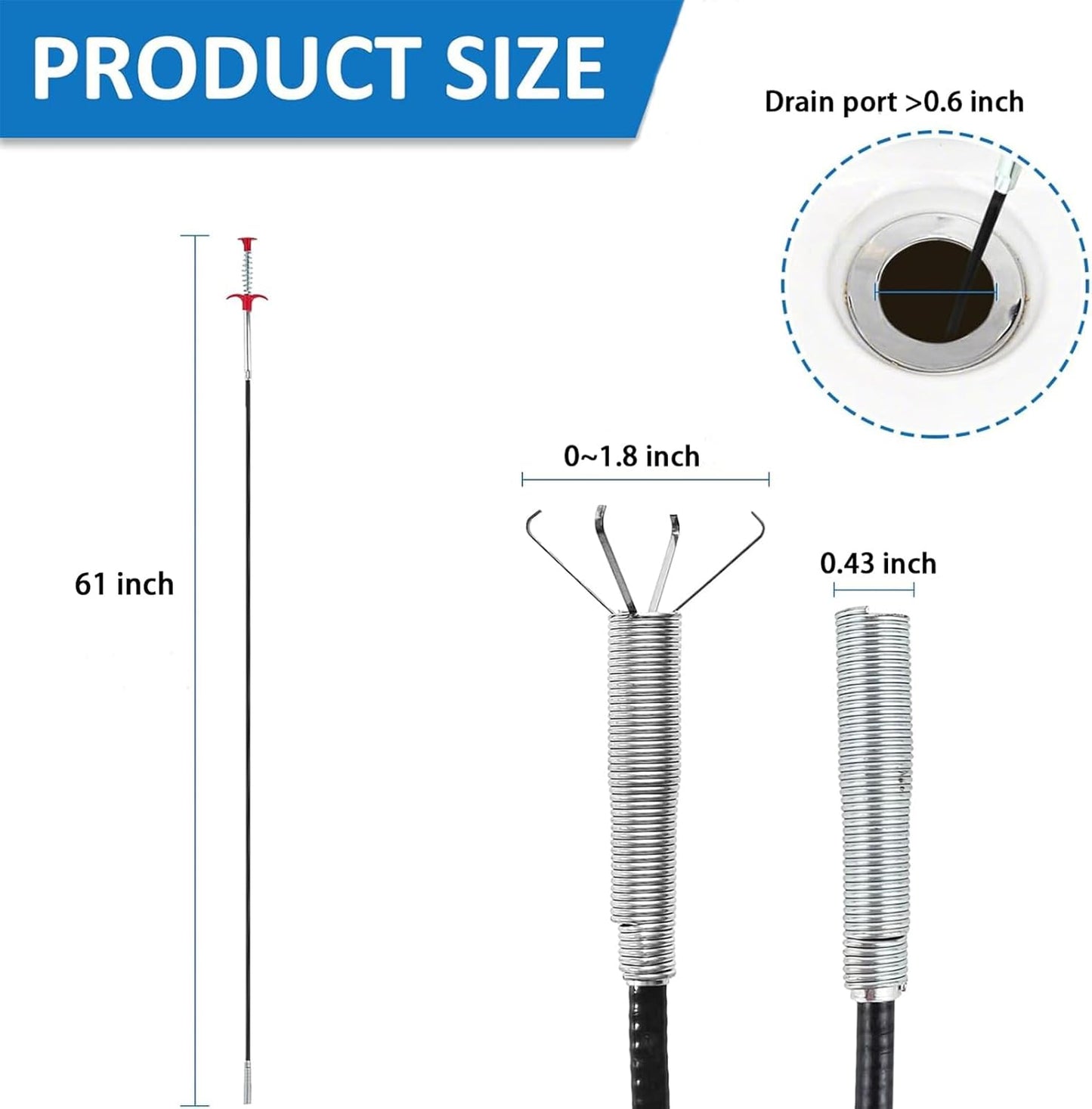 New Upgrade 76 inch Drain Snake Hair Drain Clog Remover Tool - Sink Drain Cleaner for Toilet Sewer Shower Kitchen Bathroom Tub Clogged Drains Opener Cleaning Tool, Flexible Grabber Claw Pick Up Tool
