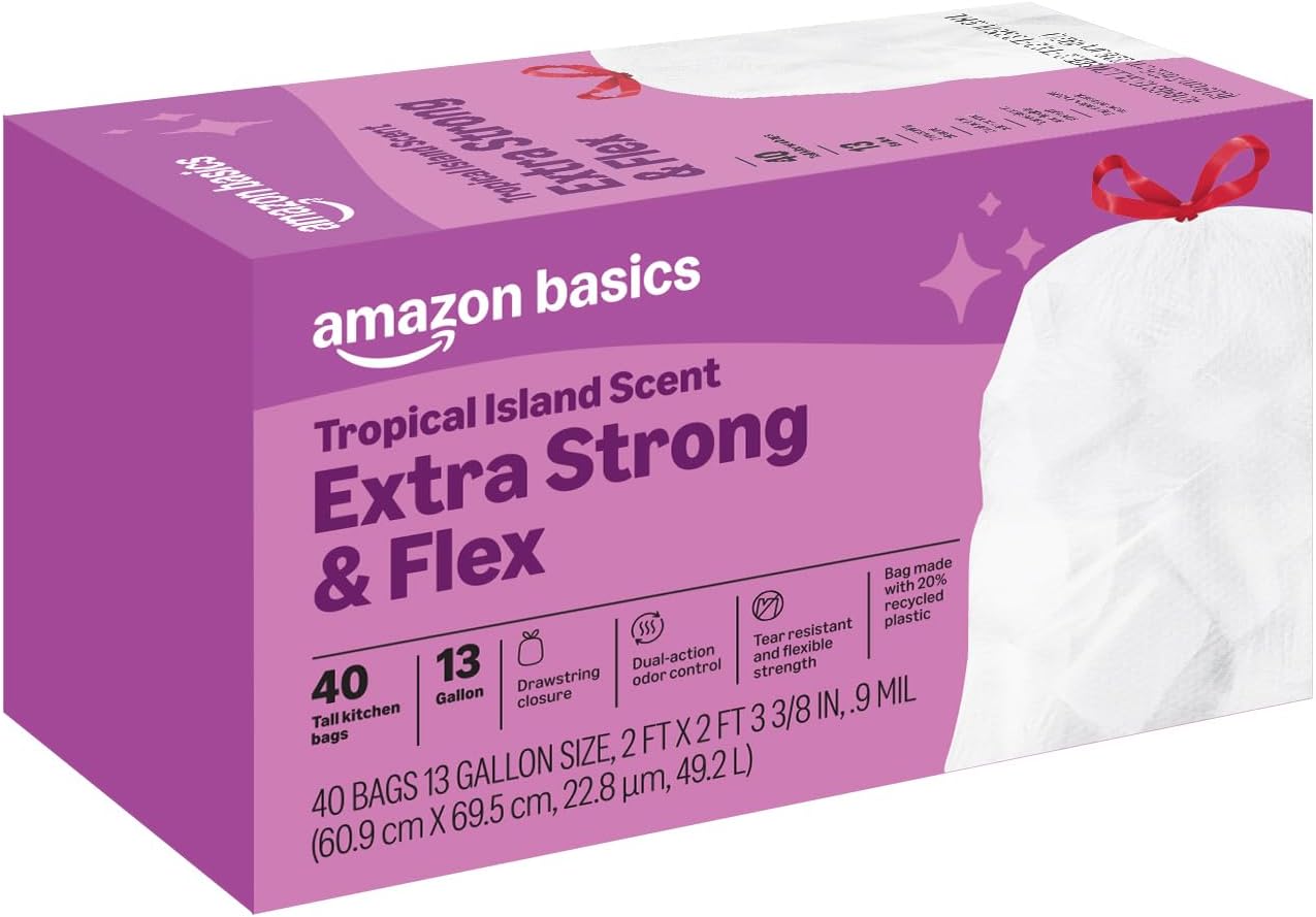 Amazon Basics Extra Strong & Flex Tall Kitchen Drawstring Trash Bags, Citrus Scent, 13 Gallon, 40 Count