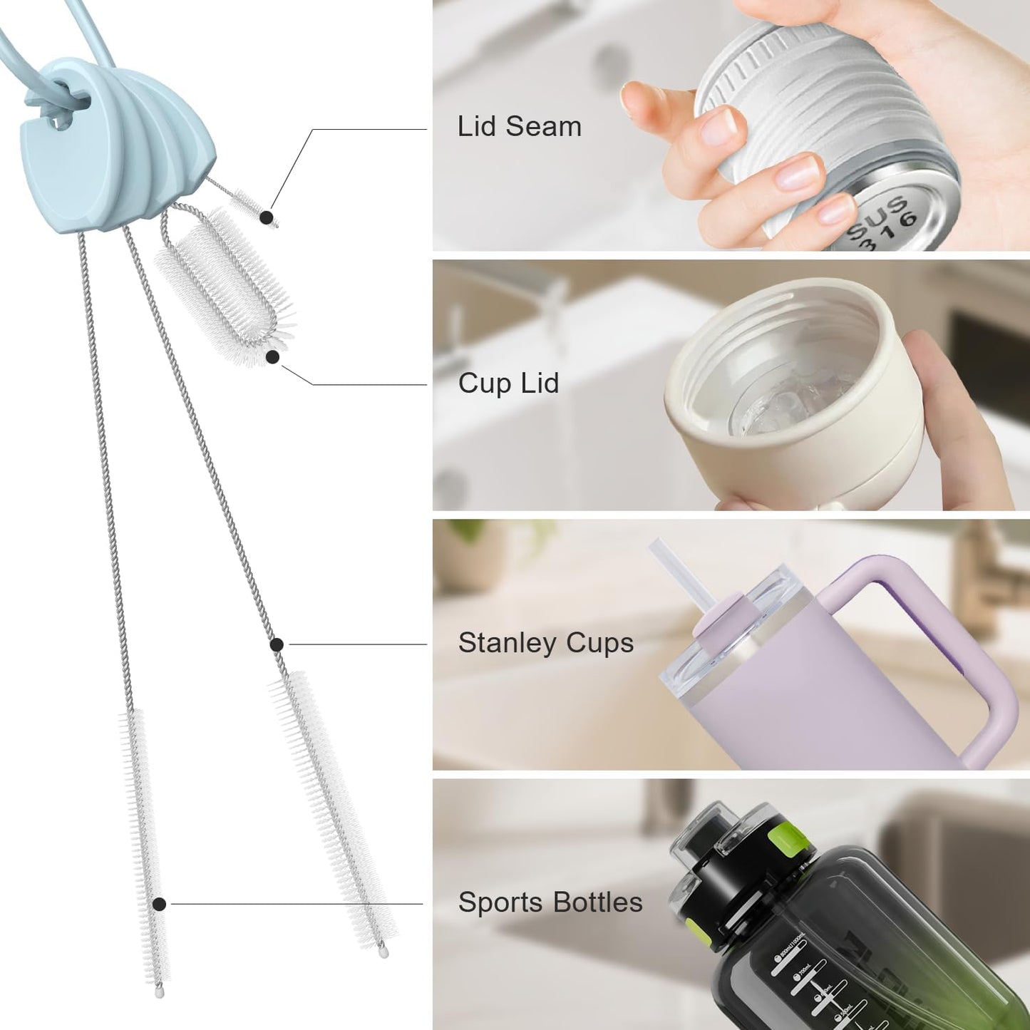 YOTIME 4in1 Straw Cleaner Brush Set, Reusable Standing Straw Brushs with Holder Ring, for Wide and Narrow Straws, Tumblers, Water Bottles and Cups, Pink