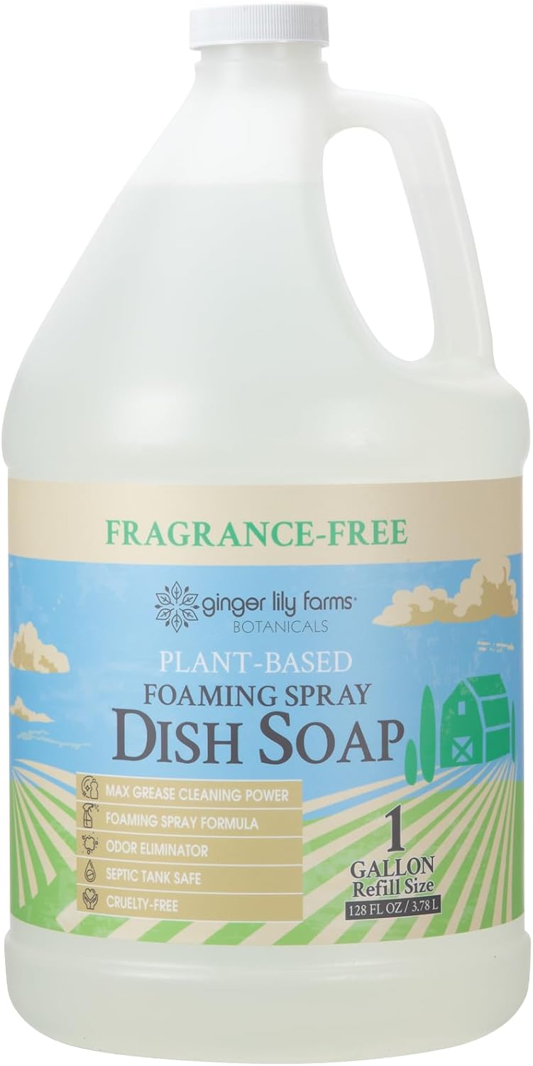 Ginger Lily Farms Botanicals Plant-Based Foaming Spray Dish Soap, Concentrated Formula with Max Grease Cleaning Power, Cruelty-Free, Lavender Chamomile Scent, 1 Gallon Refill (128 Fl Oz)