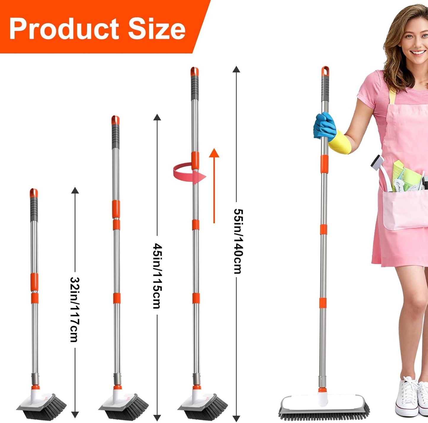 ITTAR 55" Extendable Floor Scrub Brush, 12" Wide Heavy-Duty 2-in-1 Scrub & Squeegee Deck Brush for Tile Grout Shower Floor, Kitchen, Restaurant, Patio & Garage Cleaning