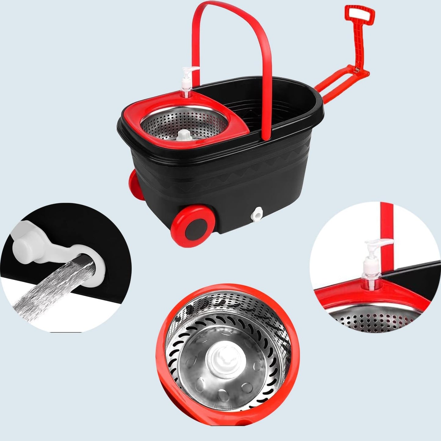 Spin Mop and Bucket with Wringer Set,for Floor Cleaning,with Floor Scrub Brush,61" Adjustable Handle and 6 Microfiber Mop Head(White)