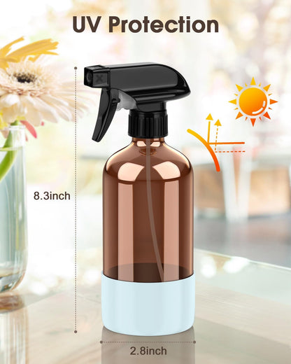 Bontip Glass Spray Bottle with Silicone Sleeve Protection, Amber Glass Spray Bottle Set for Window Cleaner Aromatherapy Facial Hydration Watering Flowers Hair Care 2 Pack/16 oz (Black & Brown)