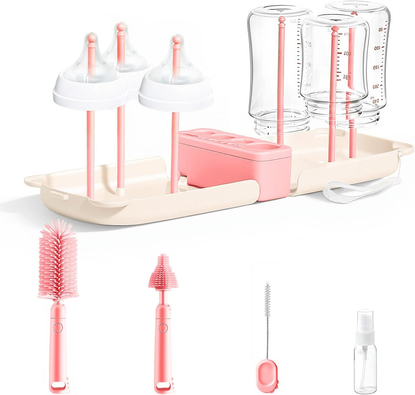 Travel Baby Bottle Cleaner Kit，7-in-1 Baby Bottle Brush Set for Travel and Home, All-in-One Baby Bottle Washing Kit: Integrated Cleaning & Drying System for Bottles and Breast Pump Parts (Green)