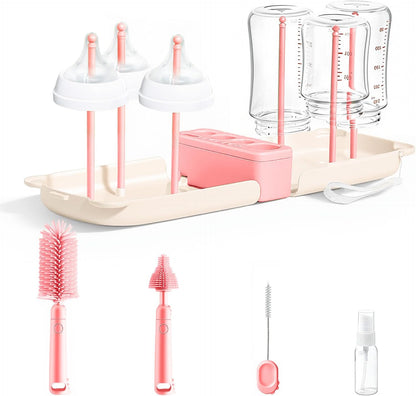 Travel Baby Bottle Cleaner Kit，7-in-1 Baby Bottle Brush Set for Travel and Home, All-in-One Baby Bottle Washing Kit: Integrated Cleaning & Drying System for Bottles and Breast Pump Parts (Green)