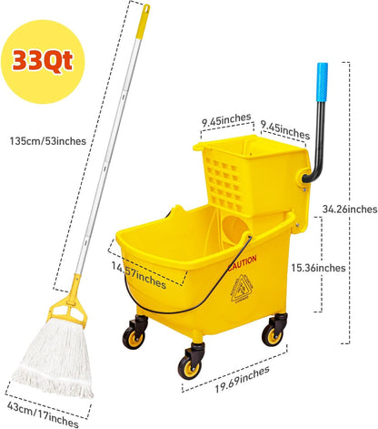 33 Qt Commercial Mop Bucket, with Side-Press Wringer on Wheels. Includes an Industrial Mop. Yellow Industrial Mop Bucket, Suitable for Home, Commercial, Restaurant Cleaning