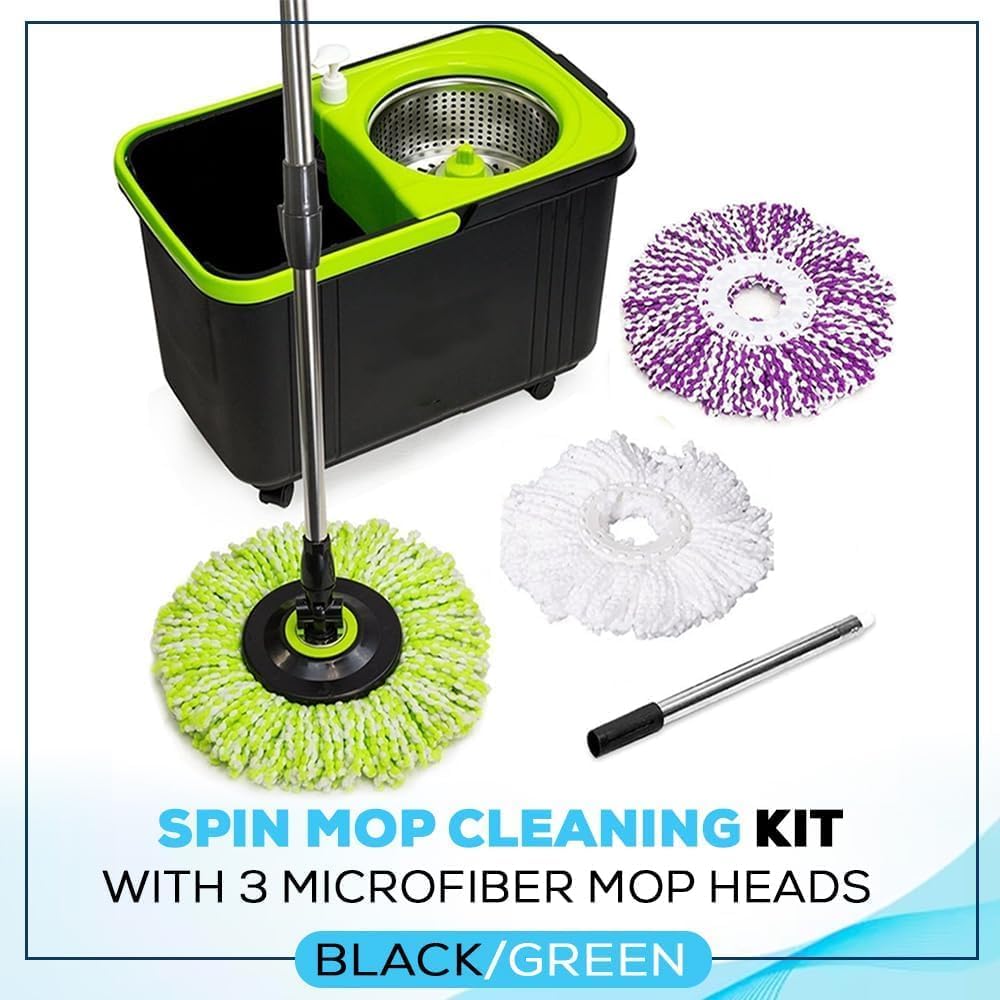Simpli-Magic Premium Spin Mop Cleaning Bucket Set with 3 Microfiber Mop Heads Included