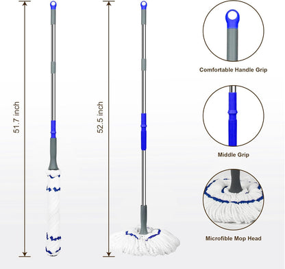 Self Wringing Floor Cleaner with 52.5 Inch Long Handle, Heavy Duty Wet Mop for Hardwood, Tile, Vinyl, Laminate Floors (White)
