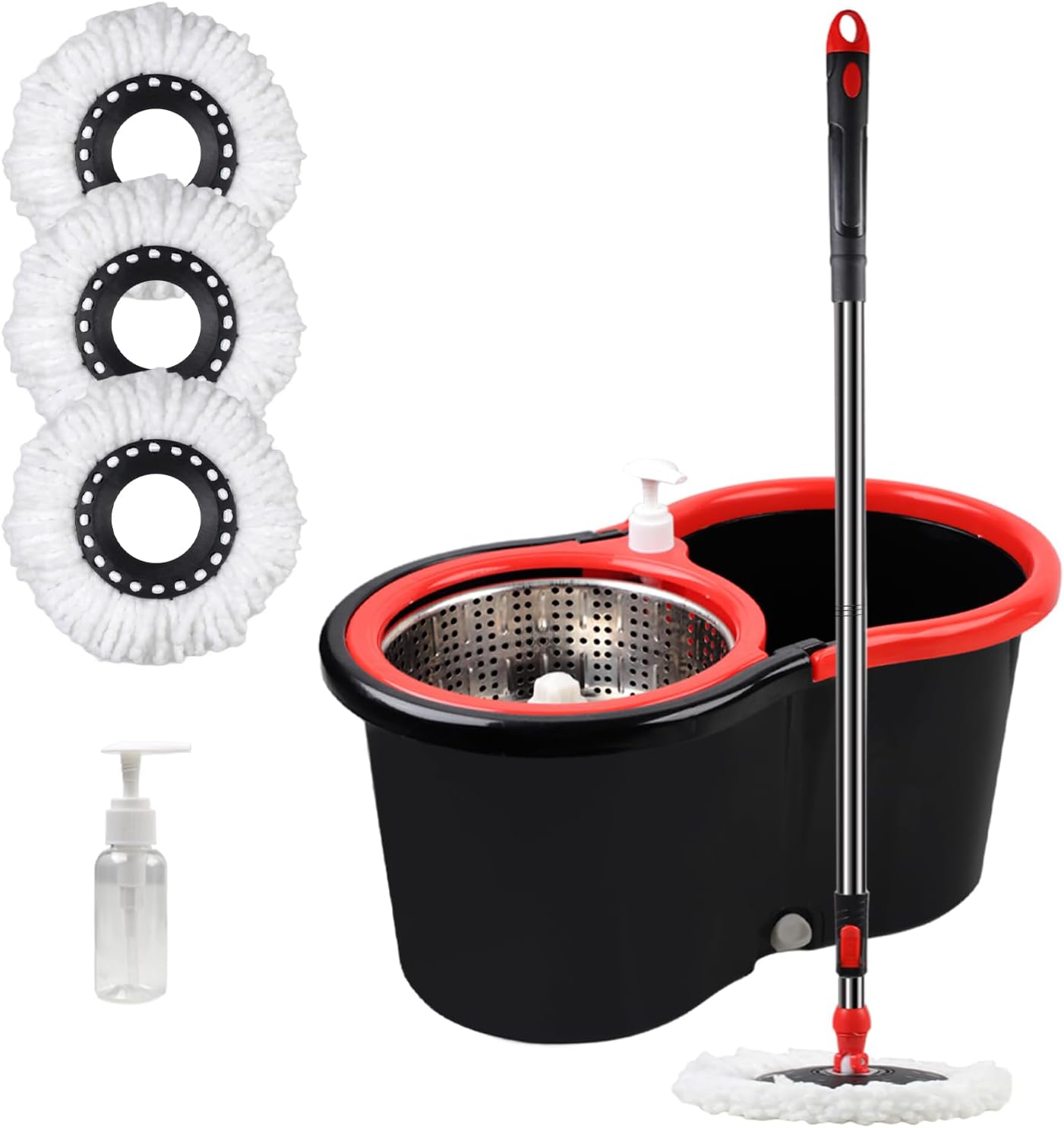 Spin Mop and Bucket with Wringer Set, 360° Spinning Mop Bucket System with 3 Microfiber Mop Replacement Heads, Adjustable Handle for Floor Cleaning (red)
