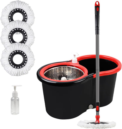 Spin Mop and Bucket with Wringer Set, 360° Spinning Mop Bucket System with 3 Microfiber Mop Replacement Heads, Adjustable Handle for Floor Cleaning (red)