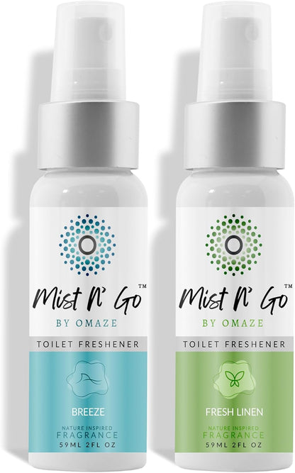 Mist N’ Go by Omaze Travel Bathroom Spray for Toilet Spray Odor Eliminator - Travel Toilet Spray for Bathroom Air Freshener Spray for Bathroom Deodorizer - Clean Mix, Travel Size (1oz x2)