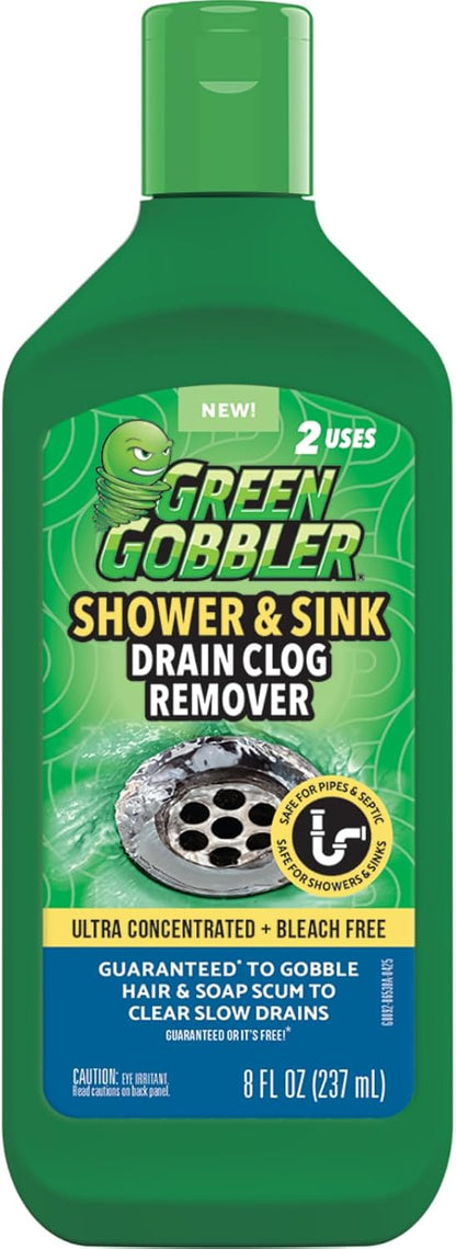 Green Gobbler Ultra Concentrated Drain Clog Remover & Cleaner | Powerful Hair, Grease & Soap Dissolver for Bathroom, Kitchen, Shower, Sink & Toilet | Safe for Pipes & Septic Systems | 2 Pack