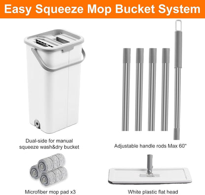 Flat Floor Mop and Bucket Set with Wringer, Flat Mops for Floor Cleaning, Wall Mop Cleaner with Long Handle, Hardwood Floor Mop with 3 Microfiber Pads (F)