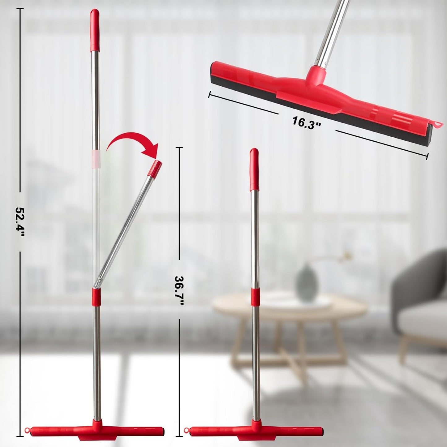 Floor Squeegee Scrubber Adjustable & Detachable Stainless Steel Handle Heavy Duty Household Broom EVA Foam Blade for Garage Courtyard Shower Bathroom Floor Marble Glass Tile Water Foam Cleaning