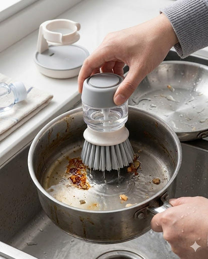 Soap Dispensing Palm Brush with Storage Stand - Self-Draining Kitchen Scrub Brush Set for Dishes & Pans, Push Button Cleaning Brush with Refillable Dispenser, 3.3 x 4.9 Inches, White & Grey