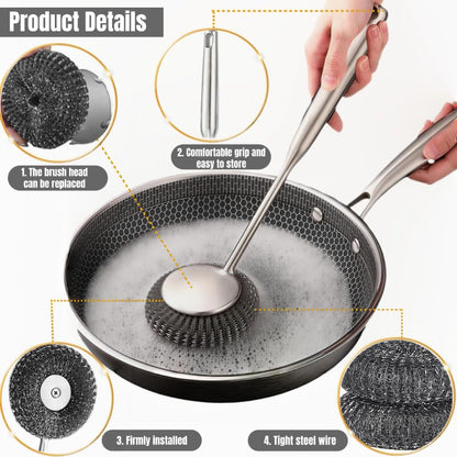 Steel Wool Scrubber with Handle: 7Pcs Stainless Steel Scrubber Brush Set – 1 Long Brushes,1 Short Brushes,4 Replaceable Pads,1 Screwdriver for Home Cooks,BBQ Enthusiasts,Anti-Scratch,for Kitchen