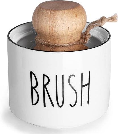 ONTUBE Ceramic Dish Brush Holder, Farmhouse Scrub Brush Holder Dishwashing Brush Stand, Soap Dispensing Kitchen Brushes Holder (White)