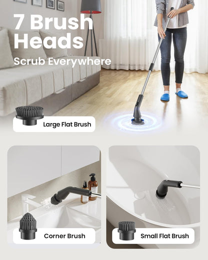 Electric Spin Scrubber, Upgraded IPX7 Cordless Cleaning Brush for Bathroom Shower, Household Cleaning Scrubber with 7 Brush Heads, Adjustable Long Handle and 2 Rotating Speeds for Tub Floor