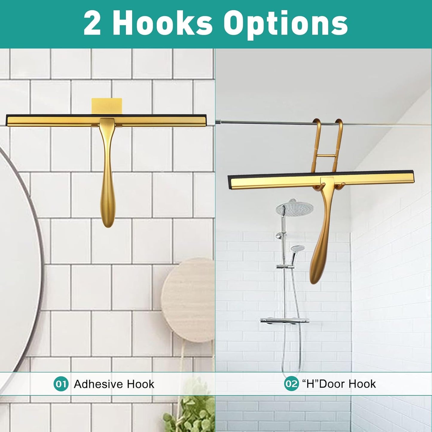 Shower Squeegee for Glass Doors,12-Inch Shower Glass Squeegee, Sliver Shower Squeegee for Shower Doors,Mirror,Windows, with Shower Door Hook and Adhesive Hook