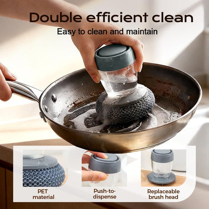 Comfort Grip Soap Dispensing Kitchen Scrub, 2026 New Dish Brush Soap Dispenser, Built-in Liquid Dispenser, with Replaceable Nylon/Wire Bristles (1 Steel Wire Brush + 2 Accessories)