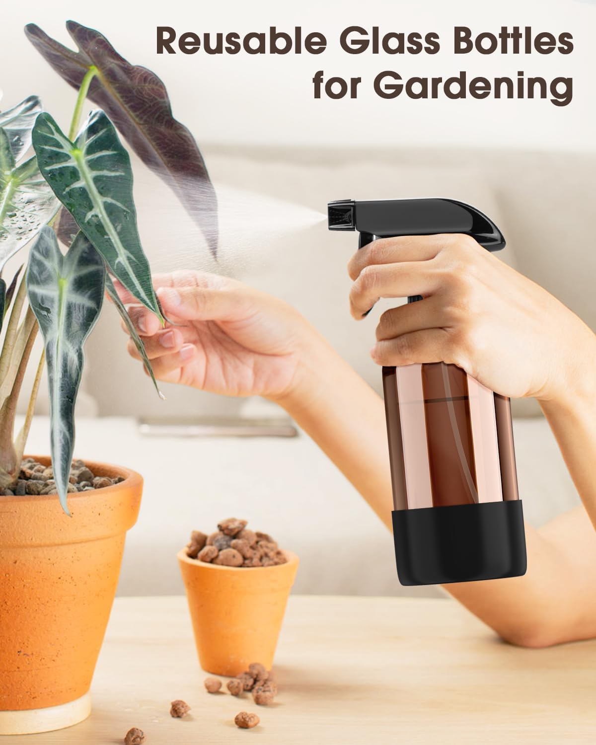 Bontip Glass Spray Bottle with Silicone Sleeve Protection, Amber Glass Spray Bottle Set for Window Cleaner Aromatherapy Facial Hydration Watering Flowers Hair Care 2 Pack/16 oz (Black & Brown)