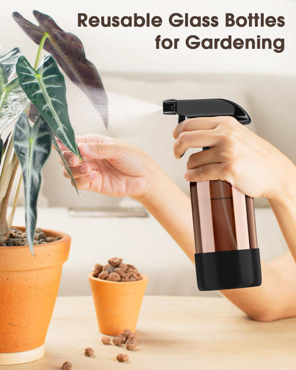 Bontip Glass Spray Bottle with Silicone Sleeve Protection, Amber Glass Spray Bottle Set for Window Cleaner Aromatherapy Facial Hydration Watering Flowers Hair Care 2 Pack/16 oz (Black & Brown)