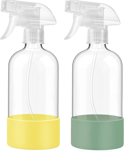 JohnBee Glass Spray Bottles with Silicone Sleeve, 2 Pack16 oz Empty Refillable Containers with Adjustable Spray Nozzles, Spray Bottles for Hair, Cleaning Solutions and Plants Olive Green&Pink