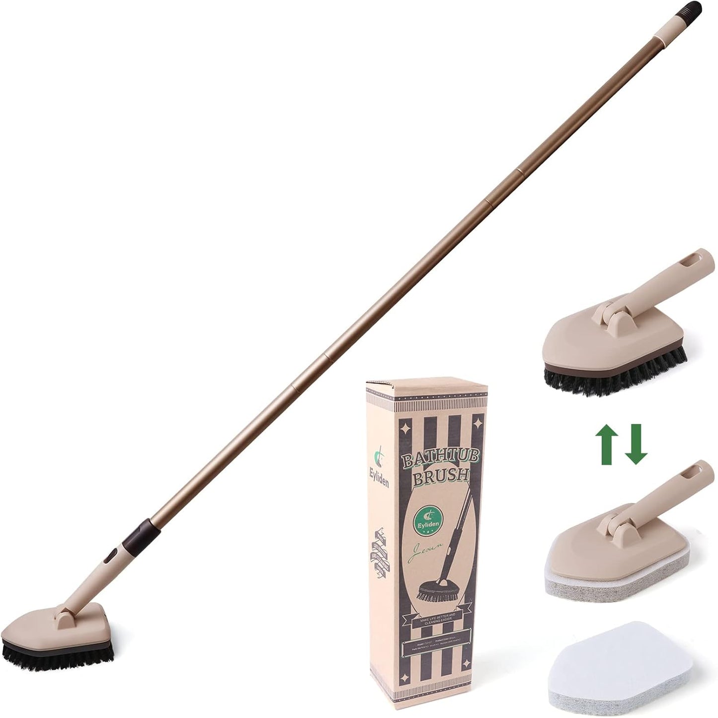 Eyliden Shower Scrubber with Long Handle, Tub Scrubber Brush with 180° Swivel Head for Bathroom, Tile, Bathtub, Grout, Sink, 2 Type Cleaning Heads - 1 Stiff Bristle & 2 Non-Scratch Pads