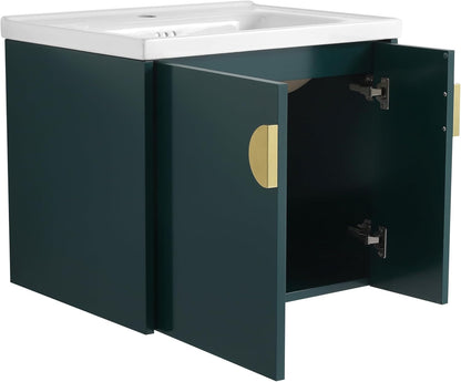 SSLine Modern 24-Inch Bathroom Vanity with Sink Wall Mounted Bathroom Vanity with Top Basin & Storage Cabinet White Wood Floating Vanity w/Ceramic Sink & Gold/Black Handles for Small Space