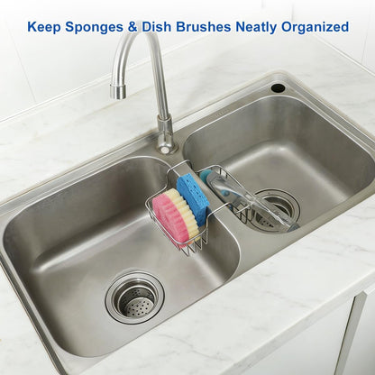 LANMU Stainless Steel Sponge Holder for Kitchen Sink, Movable Sink Caddy Hanging Sponge for Double Bowl Sink, Rustproof Organizer for Brush, Scrubber Storage, Fits 2-inch Width Sink Divider