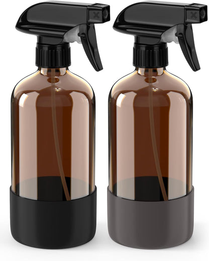 Bontip Glass Spray Bottle with Silicone Sleeve Protection, Amber Glass Spray Bottle Set for Window Cleaner Aromatherapy Facial Hydration Watering Flowers Hair Care 2 Pack/16 oz (Black & Brown)