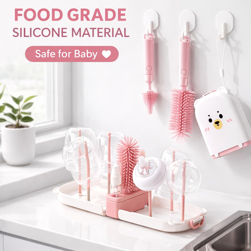 Travel Bottle Cleaner kit, 7in1 Baby Toddler Travel Essential Silicone Bottle Brush Set, Nipple, Drying Rack, Straw, & Breast Pump Cleaning, Soap Dispenser & Organizer Case, Gift Mom