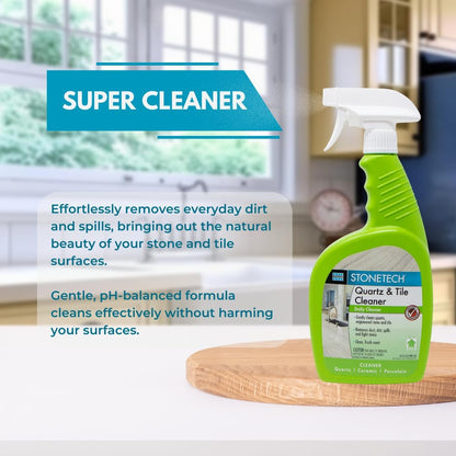 StoneTech Quartz & Tile Cleaner Spray – Quartz Countertop Cleaner for Engineered Stone, Ceramic & Porcelain – Removes Dirt & Spills – 2-Pack, 24oz Each + 2 Microfiber Cloths Fresh Scent