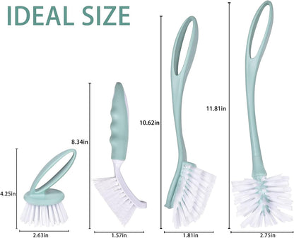 Dish Brush with Handle, Kitchen Dish Scrub Brush Set, 4-Piece Kitchen Cleaning Brush Set for Pots and Bottles, Nordic Green