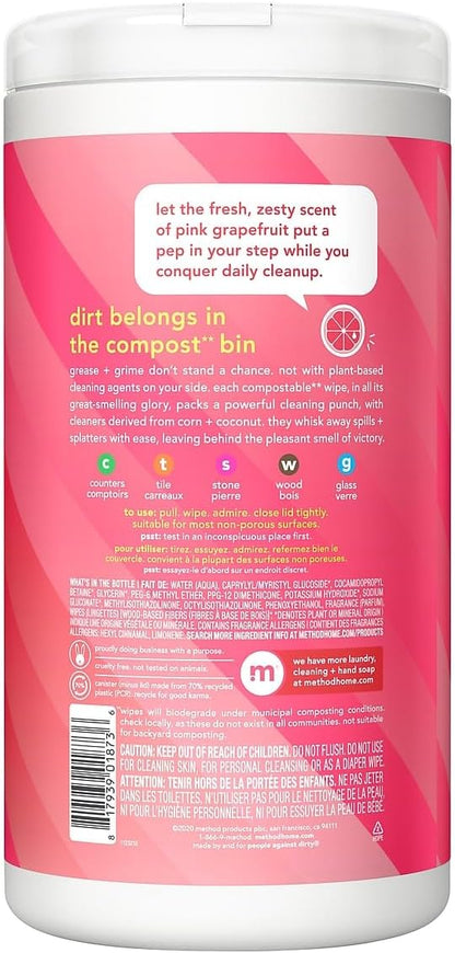 Method All-Purpose Cleaning Wipes, Pink Grapefruit, Multi-Surface, Compostable, 70 Count (Pack of 1)