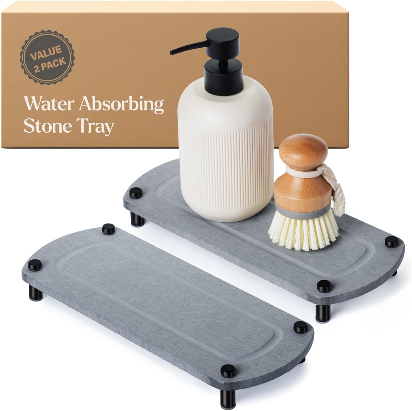 2PCS Water Absorbing Stone Soap Tray for Kitchen Bathroom Sink, Quick Dry Diatomaceous Earth Drying Rack and Shower Caddy, Soap Dispenser and Sponge Holder Organizer for Countertop, TWINKLE MOMENT; Pure White