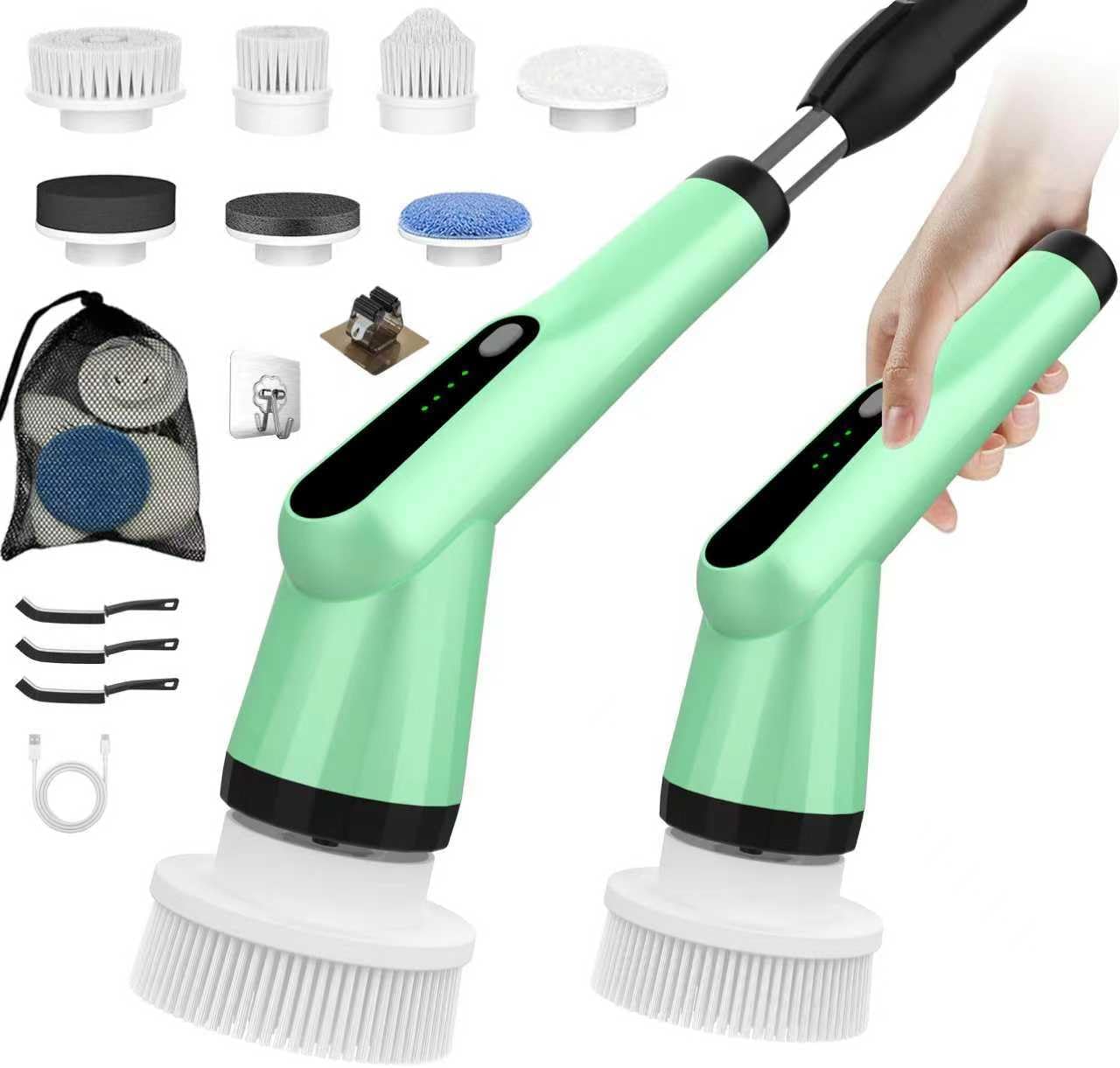 Electric Spin Scrubber, Shower Scrubber with Long Handle Adjustable LCD Display, 2 Speed Shower Cleaner, 7 Replaceable Brush Heads Bathroom Cleaning Brush, Bath Tub Power Scrubbers Black G3