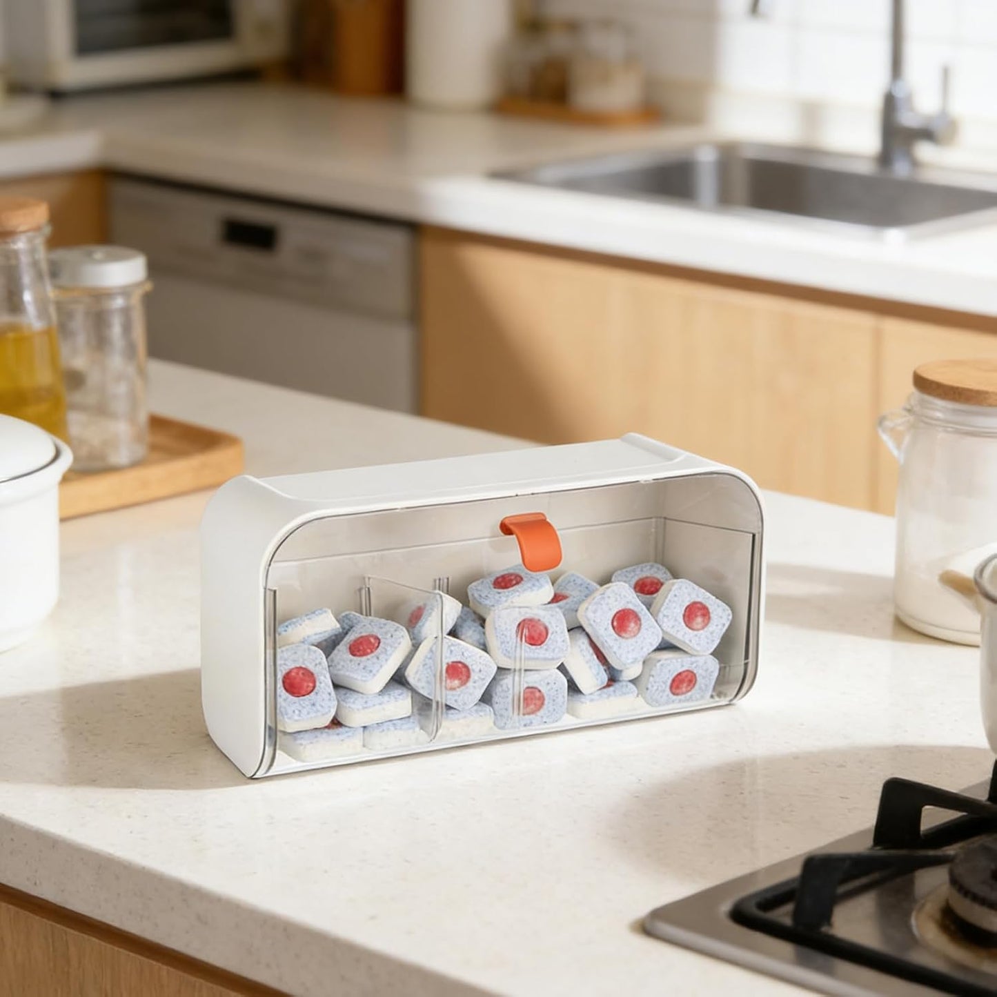 Dishwasher Detergent Pods Holder Wall-Mounted Clear Laundry Pods Container with Divider for Scent Booster Beads Dryer Balls Hanging Storage Container for Detergent Home Kitchen and Laundry Room
