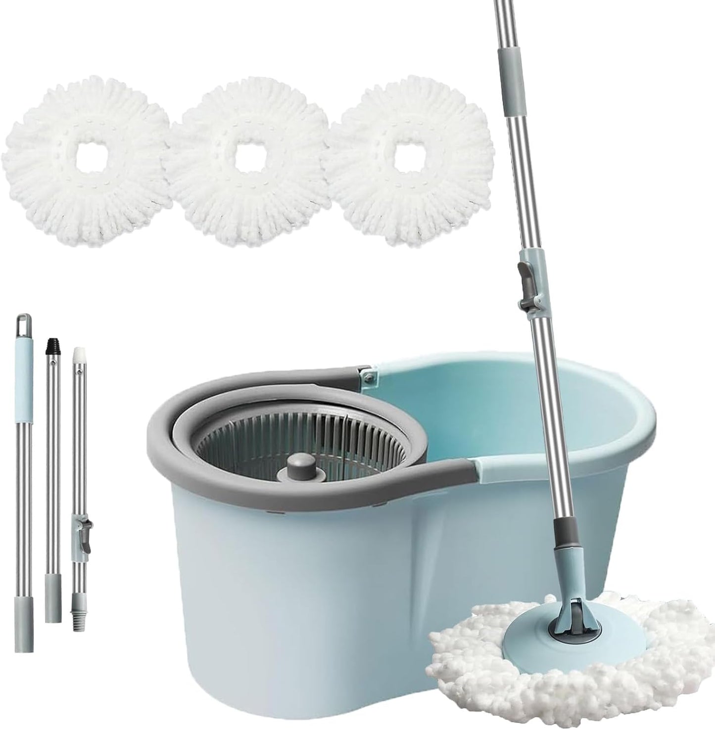 Spin Mop and Bucket with Wringer Set,for Floor Cleaning,with Floor Scrub Brush,61" Adjustable Handle and 6 Microfiber Mop Head(White)