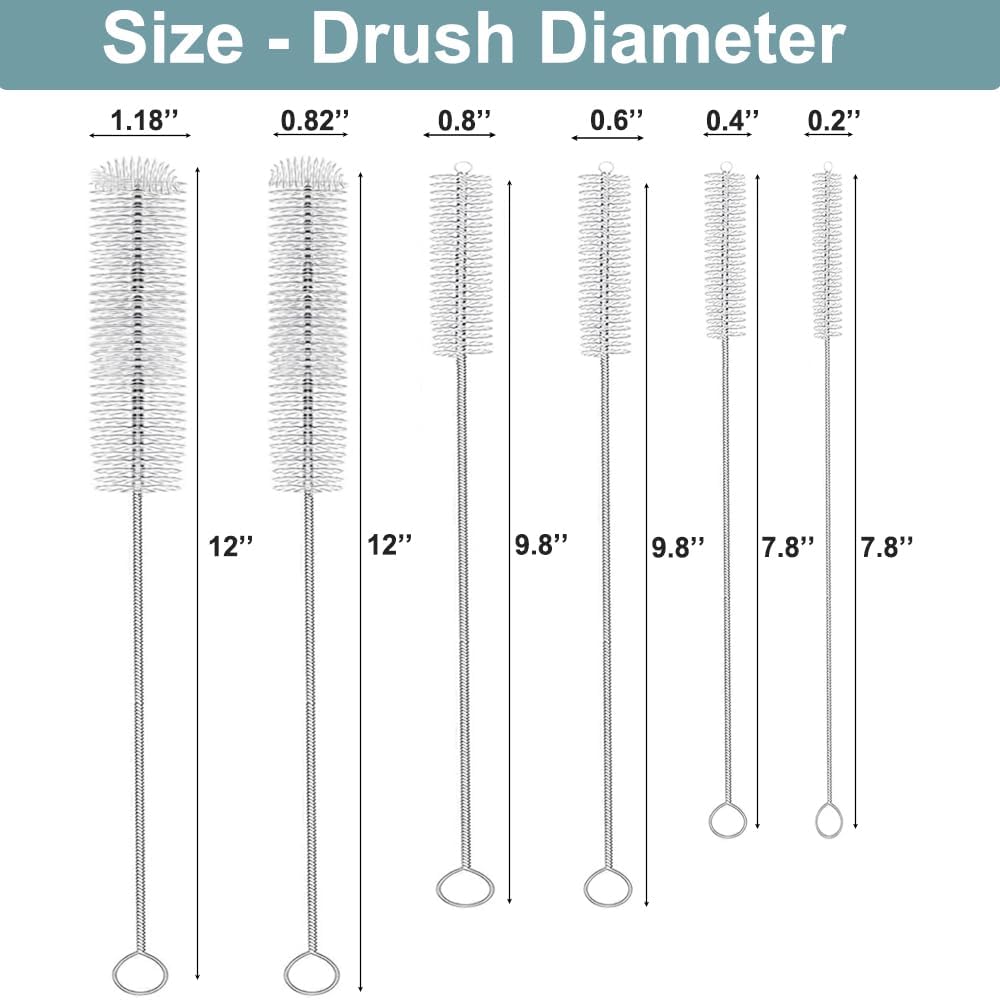 KUTO 12 Pcs Straw Cleaner Brush Kit with Nylon Bristles - Extra Long Pipe Cleaners for Tumbler, Water Bottle, Sippy Cup, Tubes & Hummingbird Feeders - 6 Different Diameters