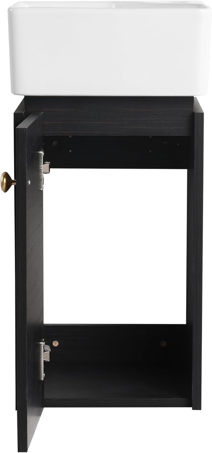 SSLine Modern 24-Inch Bathroom Vanity with Sink Wall Mounted Bathroom Vanity with Top Basin & Storage Cabinet White Wood Floating Vanity w/Ceramic Sink & Gold/Black Handles for Small Space