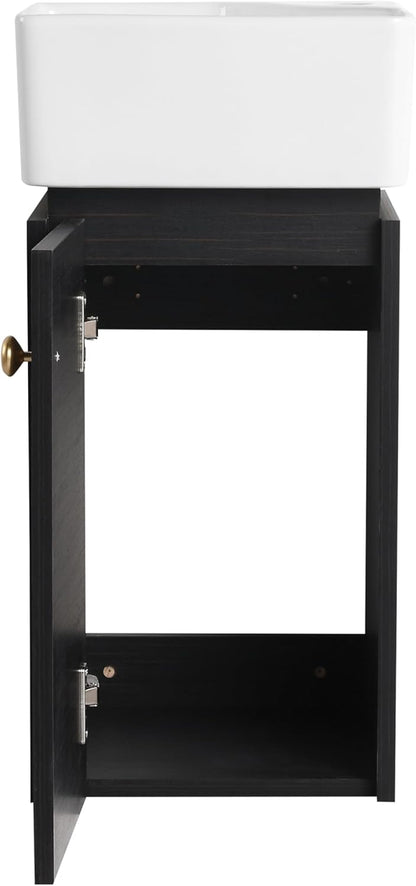 SSLine Modern 24-Inch Bathroom Vanity with Sink Wall Mounted Bathroom Vanity with Top Basin & Storage Cabinet White Wood Floating Vanity w/Ceramic Sink & Gold/Black Handles for Small Space