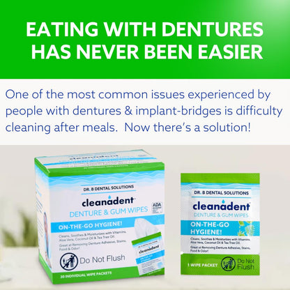 Dr. B Dental Solutions Cleanadent Wipes - Convenient Denture Cleaning Wipes, Refreshes Gums, No Artificial Colors/Flavors - 30 Count