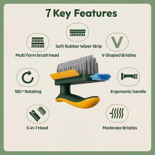 Multifunctional Tile Grout Cleaning Brush with V-Shaped Bristles, 180° Rotating Head, Rubber Wiper Strip, Green and Yellow