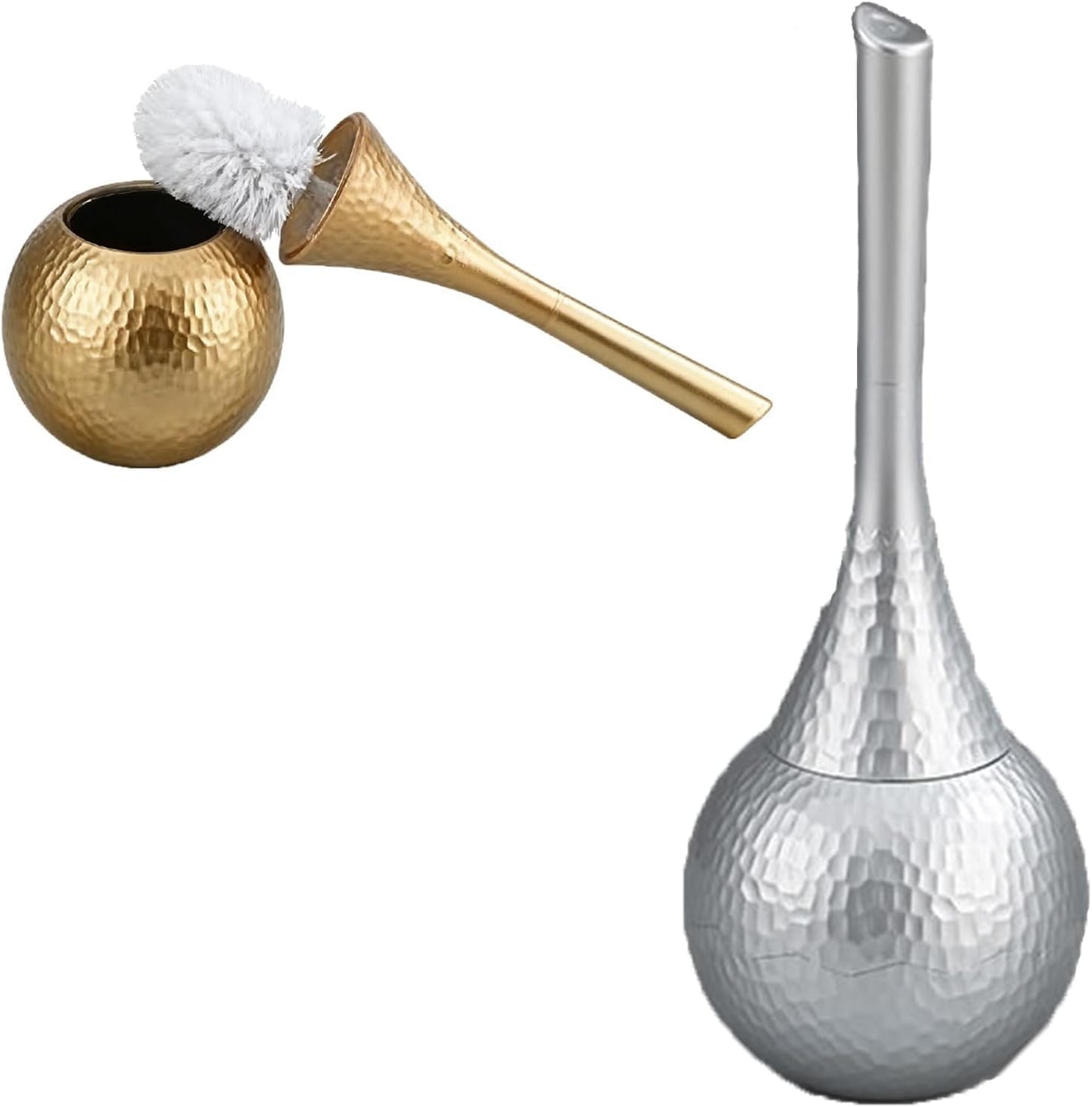 Hideaway Toilet Brush Set, Hammered Gold | Small Bathroom Space-Saver | Anti-Splash Shield & 360° Deep Clean | Housewarming Gift for Homeowners | Rust-Proof ABS Modern Bath Accessories