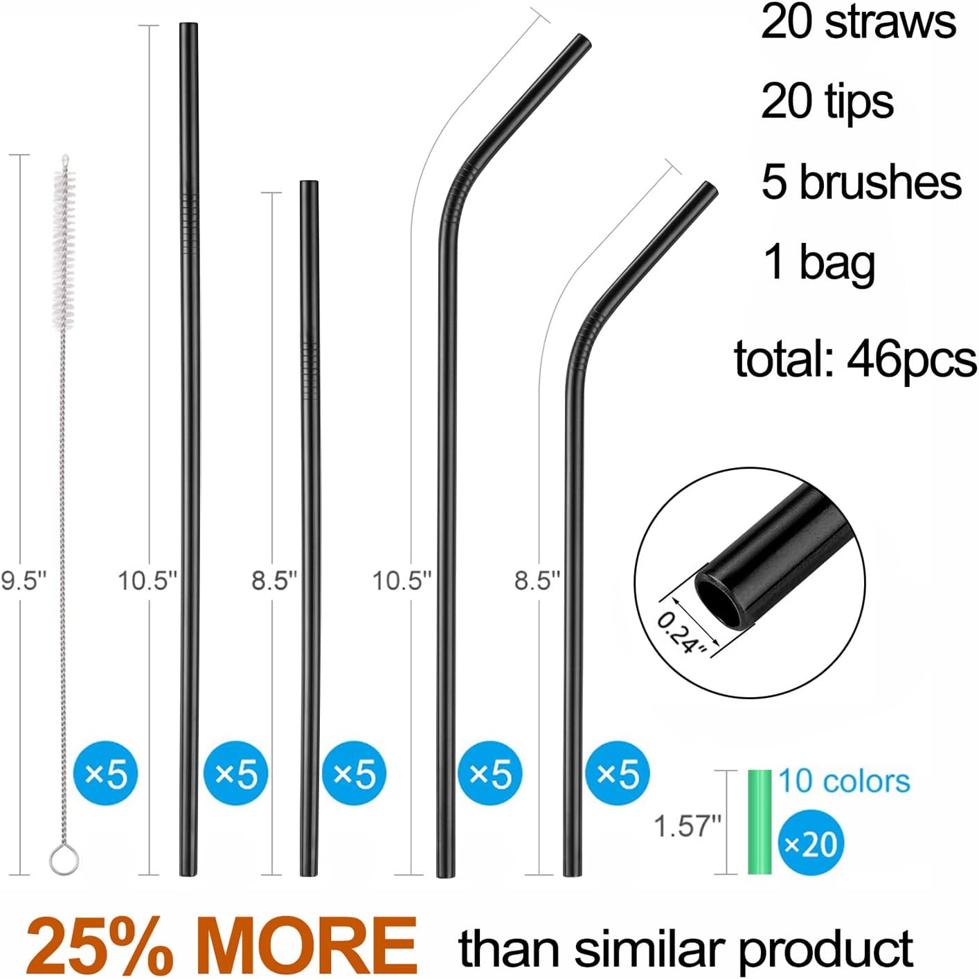 20 Pack Reusable Stainless Steel Metal Straws,10.5" & 8.5" Reusable Drinking Straws with 20 Silicone Tips 5 Straw Brushes 1 Travel Case,Eco Friendly Extra Long Metal Straw Fit for 20 24 30 oz Tumbler