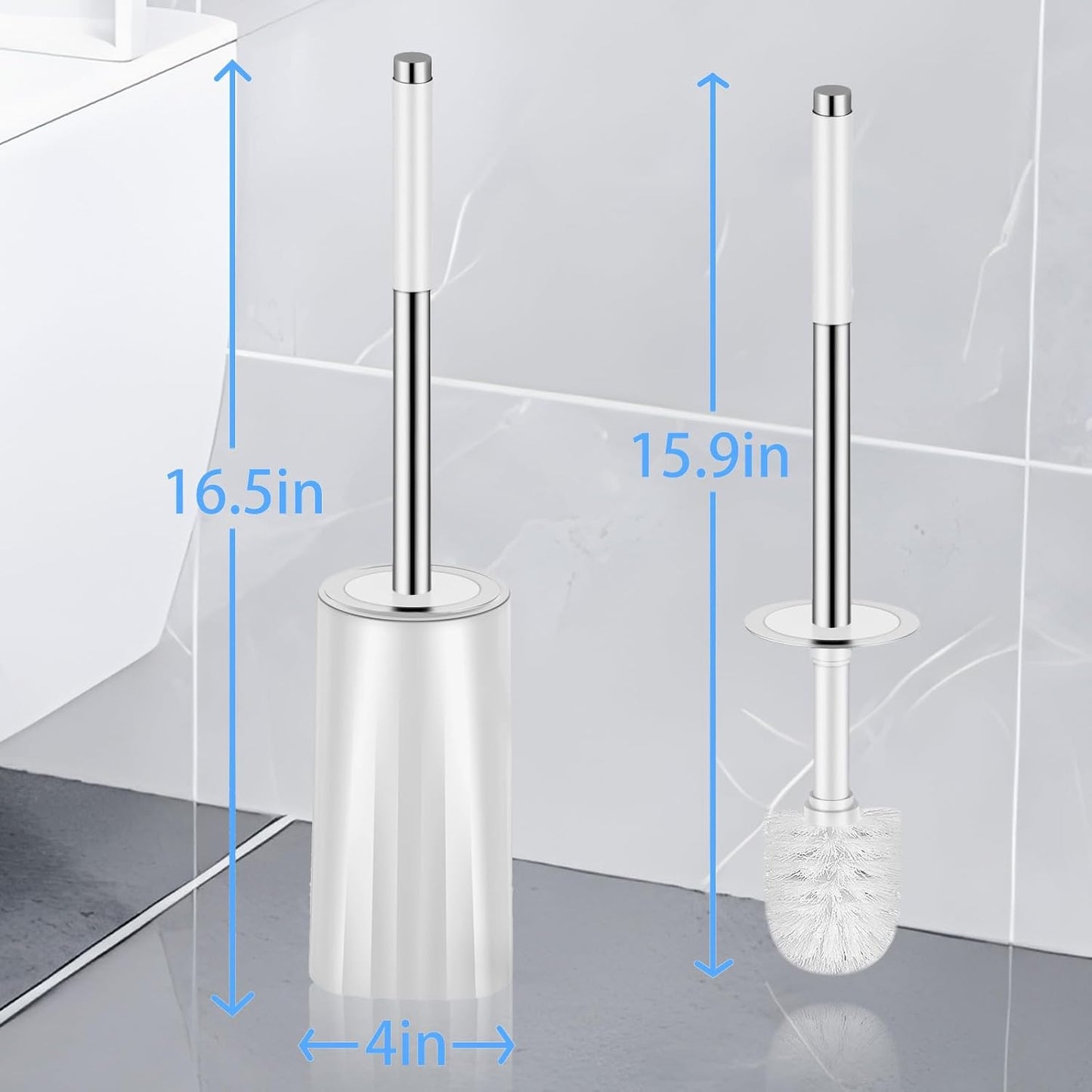 Toilet Brush and Holder Set, Compact Toilet Bowl Brush with Stainless Steel Handle, Hard Bristles, Drip-Proof, Easy to Assemble, Deep Cleaning White