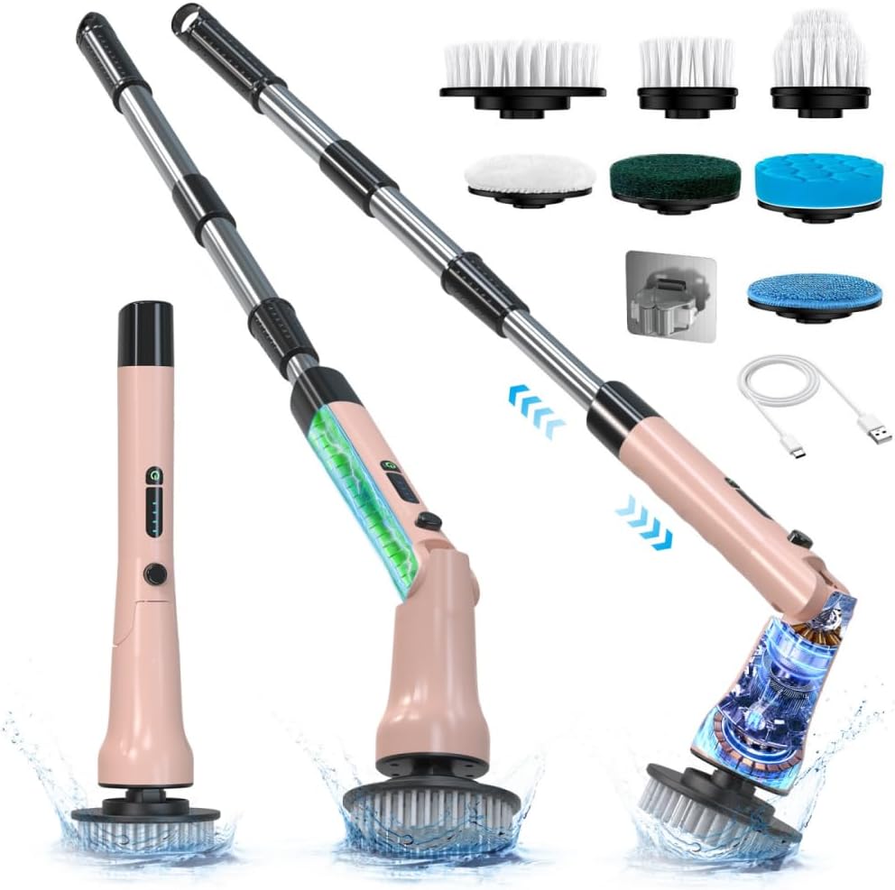Electric Spin Scrubber, Hillyfe Bathroom Scrubber Electric with 7 Replaceable Brush Heads, IPX7 Waterproof,300/400 RPM, 3 Adjustable Length,Scrubber Brush Electric for Bathtub Floor,White