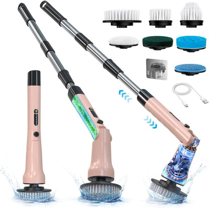 Electric Spin Scrubber, Hillyfe Bathroom Scrubber Electric with 7 Replaceable Brush Heads, IPX7 Waterproof,300/400 RPM, 3 Adjustable Length,Scrubber Brush Electric for Bathtub Floor,White